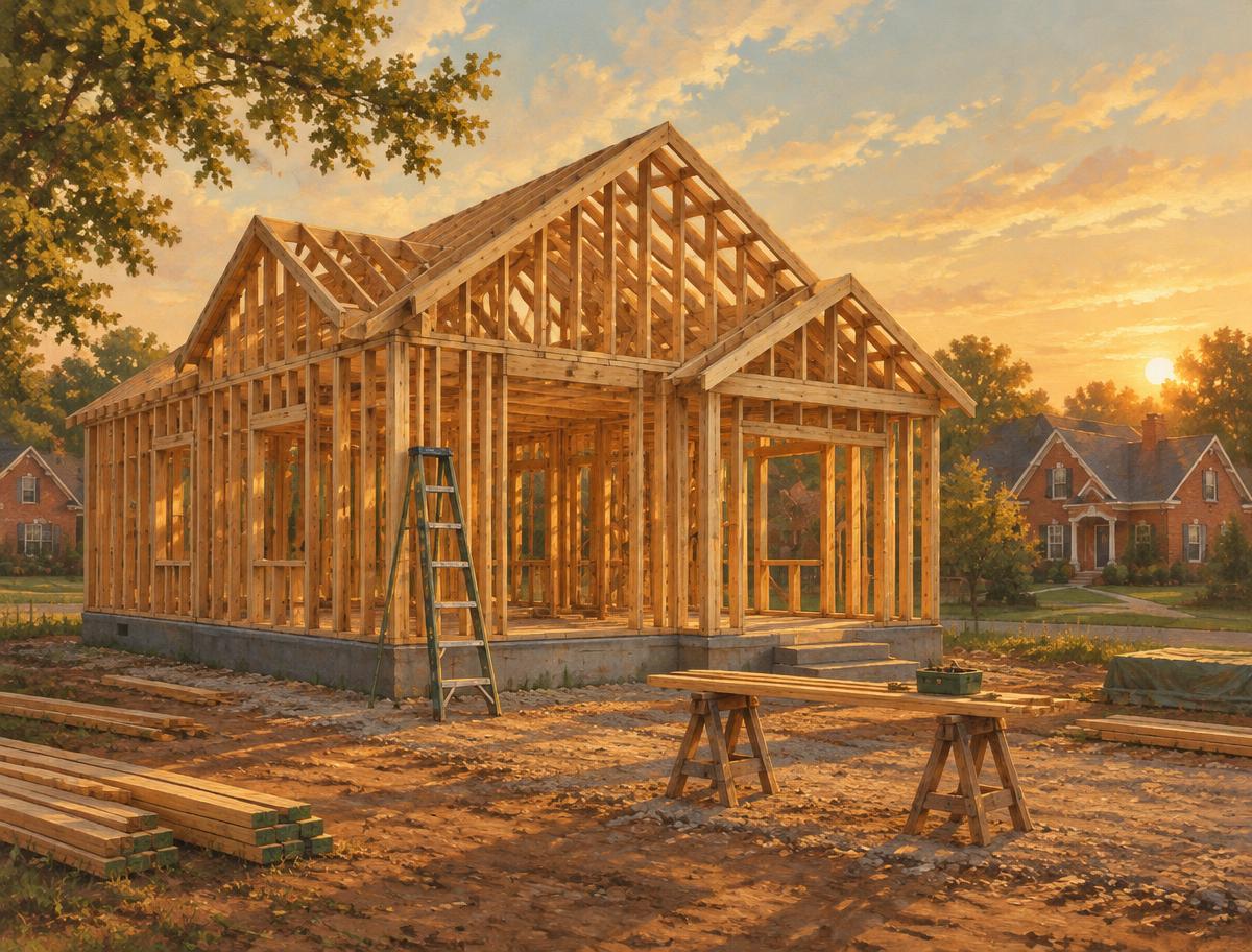 Illustration of the wooden frame of a new house under construction at golden hour