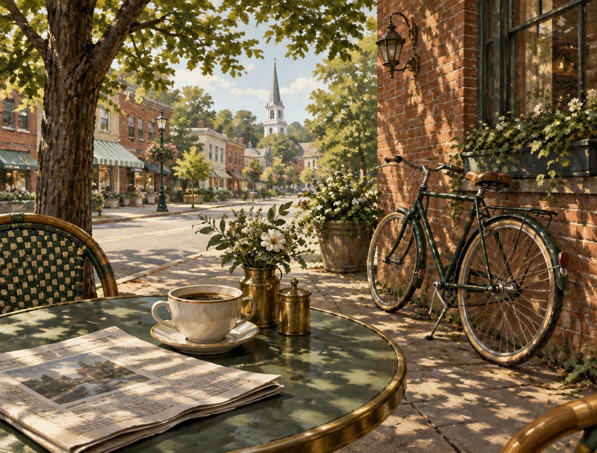Illustration of an outdoor cafe table with coffee and a bicycle against a brick wall