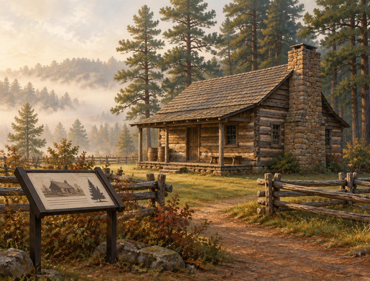 Illustration of a period log cabin with a stone chimney and split-rail fence