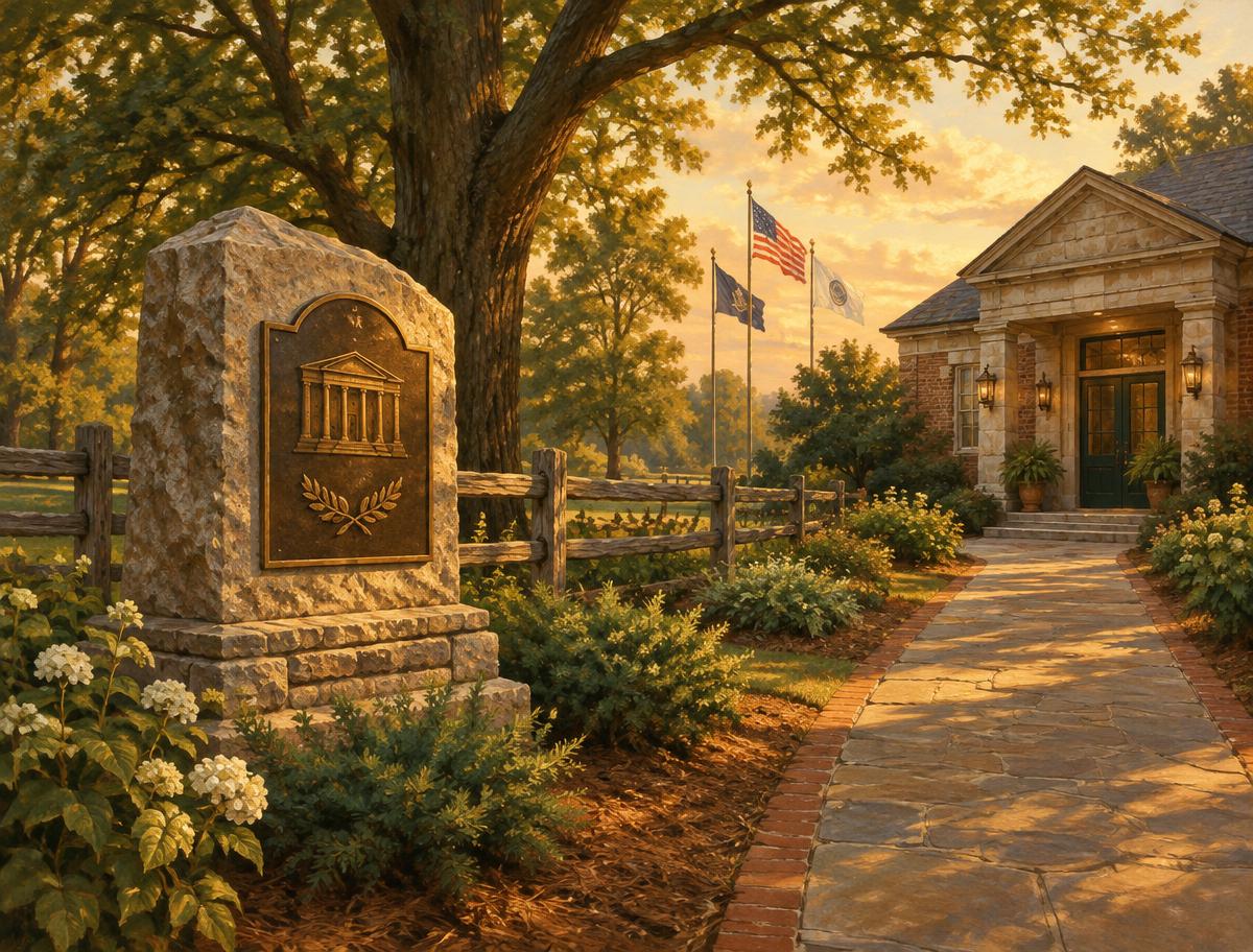 Illustration of a stone historical marker beside a museum entrance path