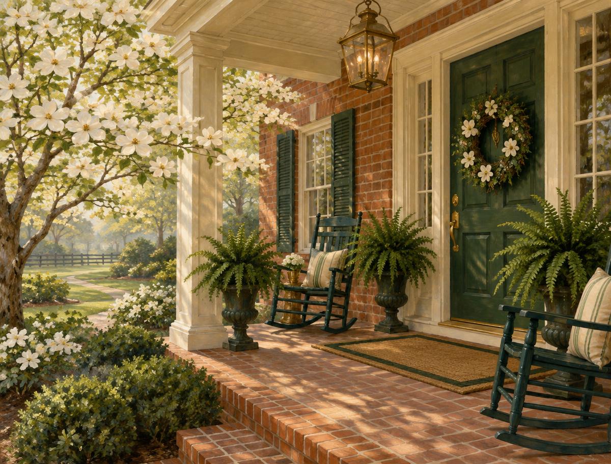 Illustration of a welcoming front porch with rocking chairs and fern planters