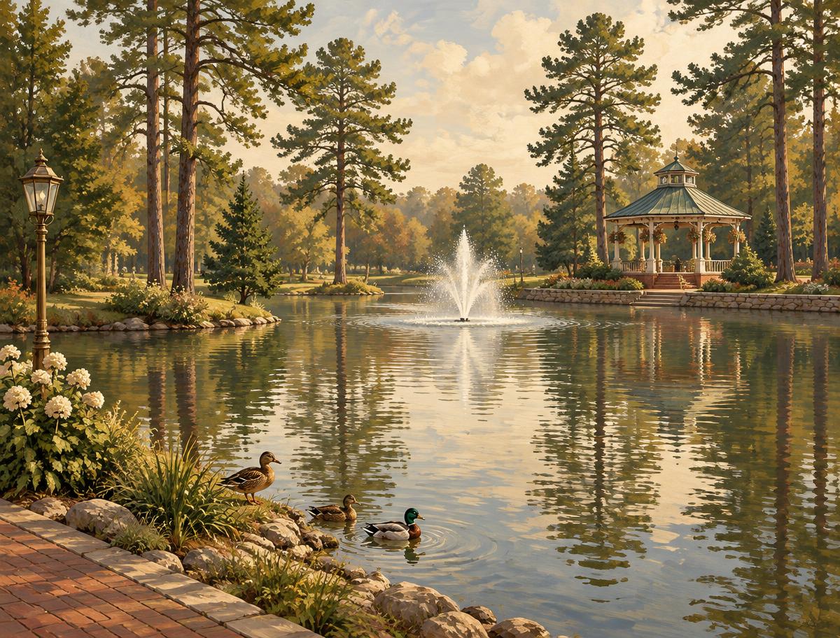 Illustration of a park pond with a fountain, ducks, and a gazebo among tall pines