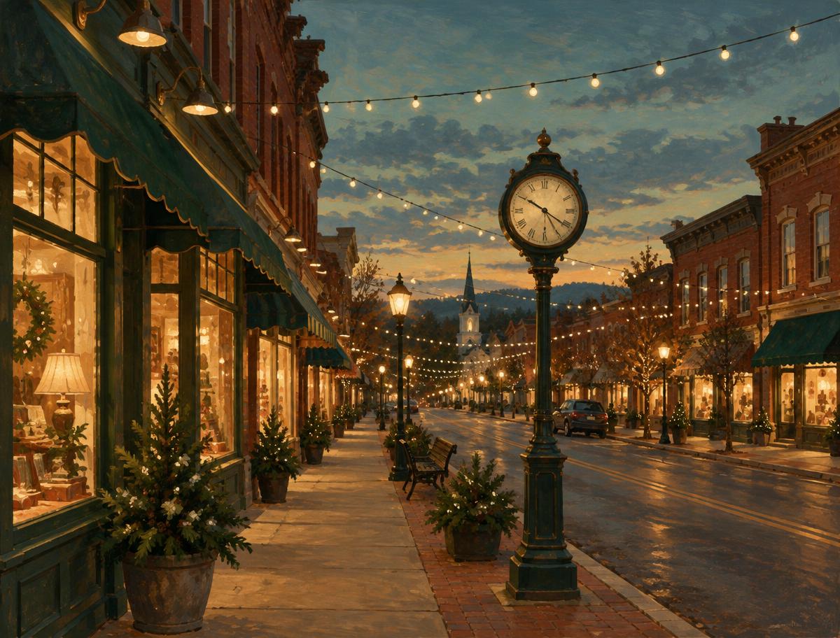 Illustration of a main street at dusk with string lights and a sidewalk clock