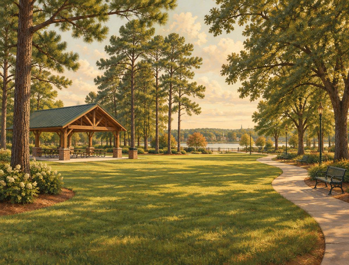 Illustration of a wide park lawn with a picnic shelter and a curving walking path