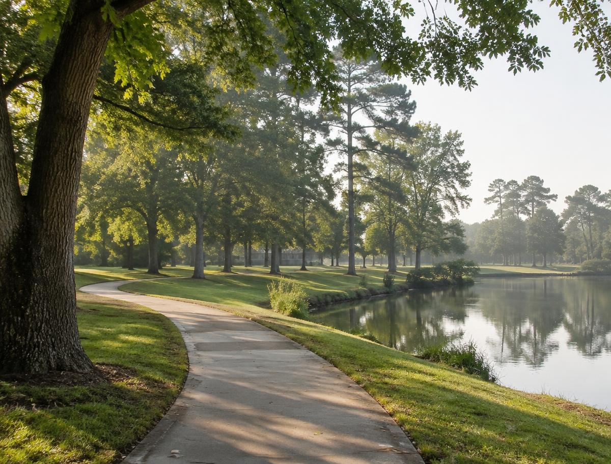Illustration of a paved path beside a pond under tall trees