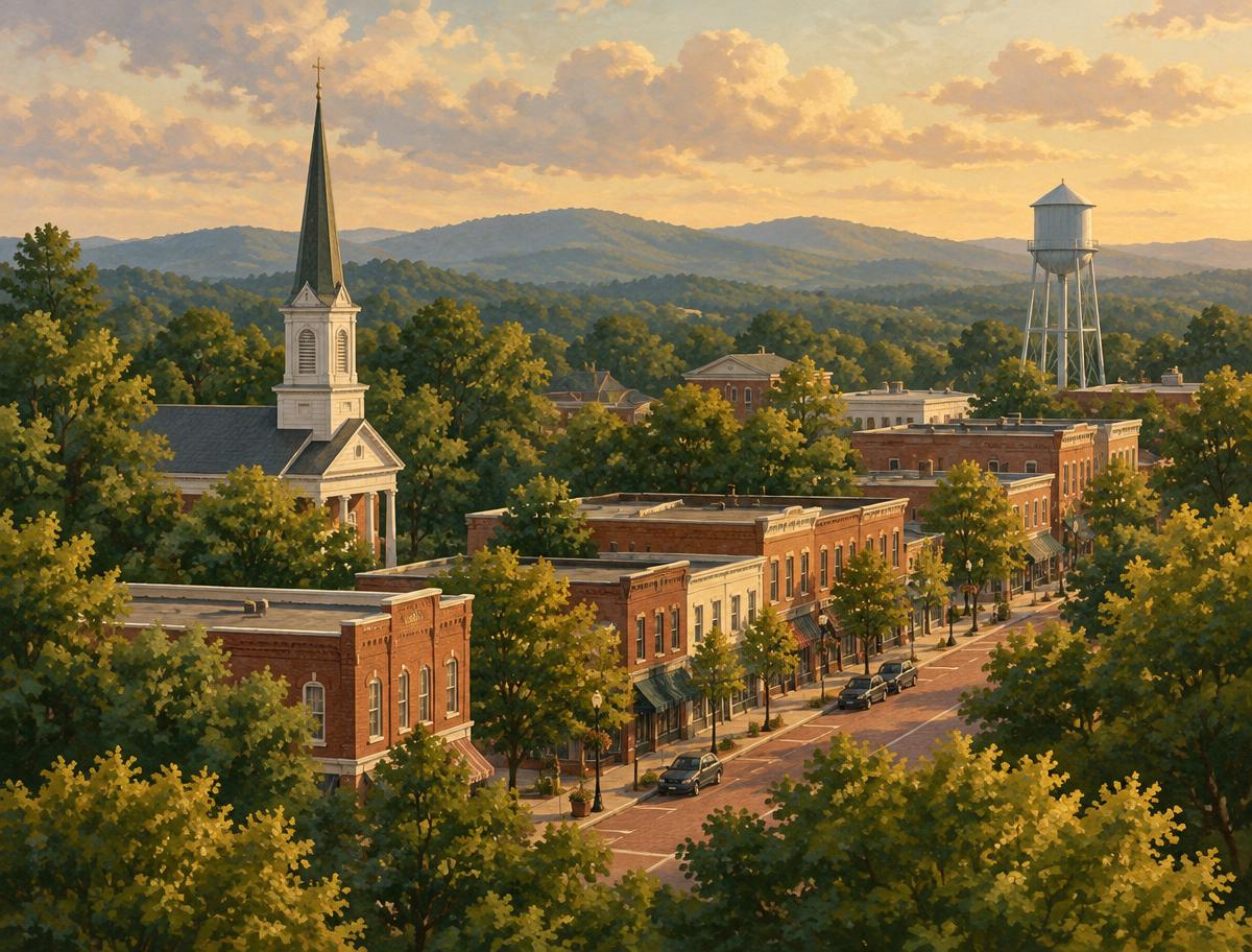 Illustration of a small town skyline with a church steeple and water tower among trees